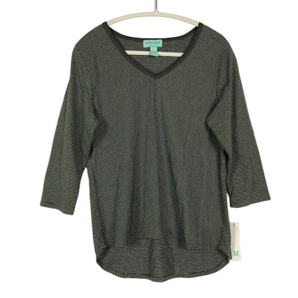 NWT Silverwear New York Women's Medium Gray Striped Top 3/4 Sleeve, Cotton/Poly